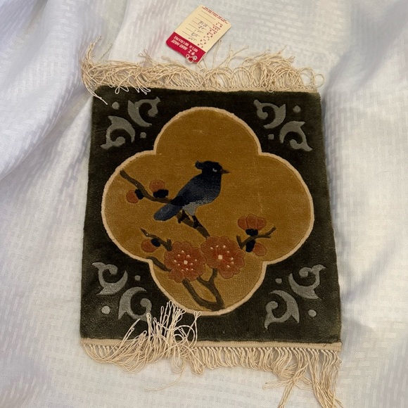 Vintage Small Chinese Silk Woven Rug Tapestry Fringe Blue Jay 12"x 13.5” NWT - Picture 1 of 7